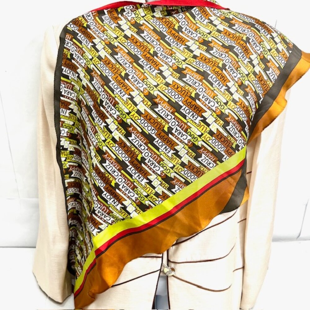 Vintage Cara Cruz 100%  silk Satin scarf 70" x23" Flag Style Colorfull logo (40) - Picture 5 of 14